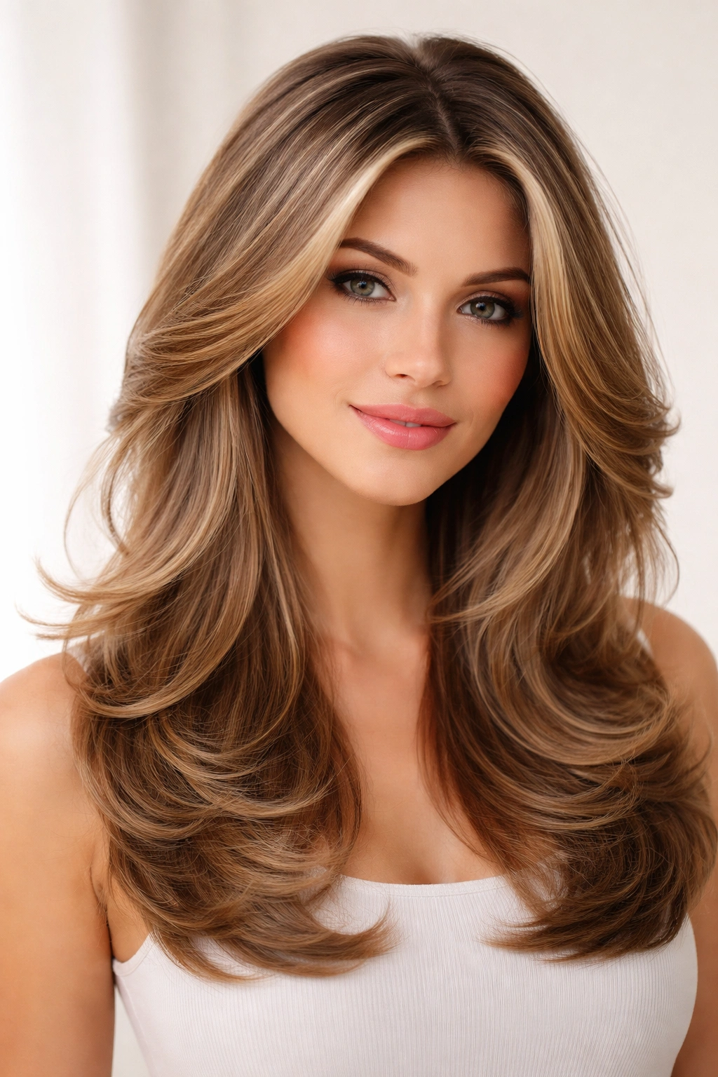 Portrait of a person with rounded-end blowout layers and inward curls
