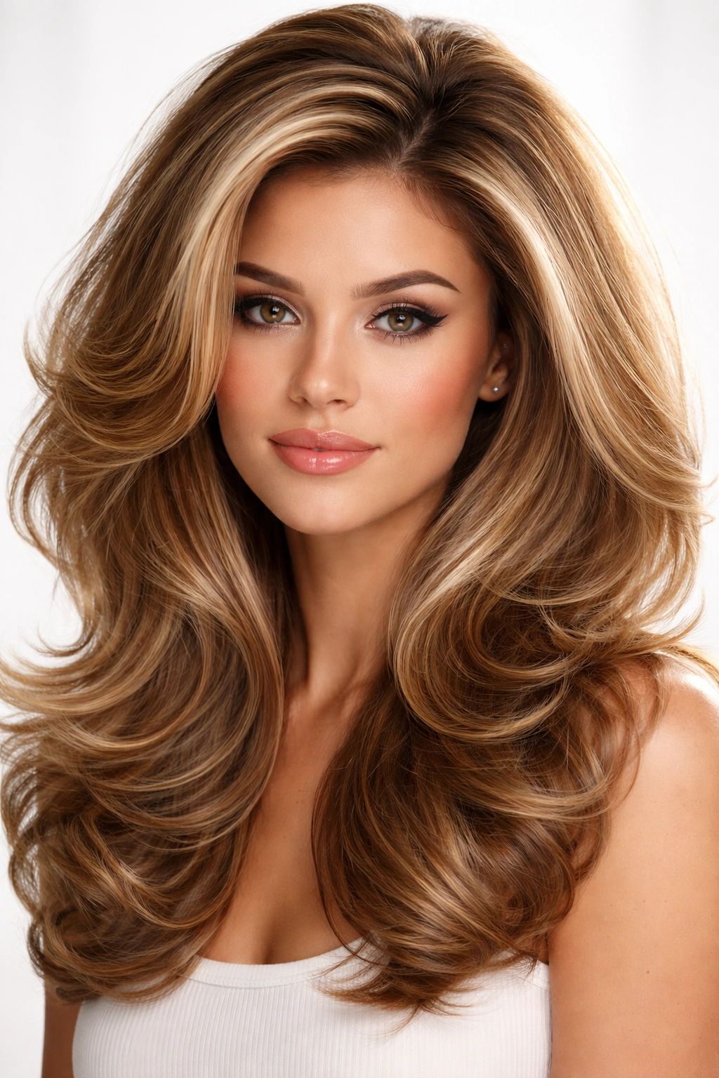 Front-facing portrait of a model with a voluminous modern blowout