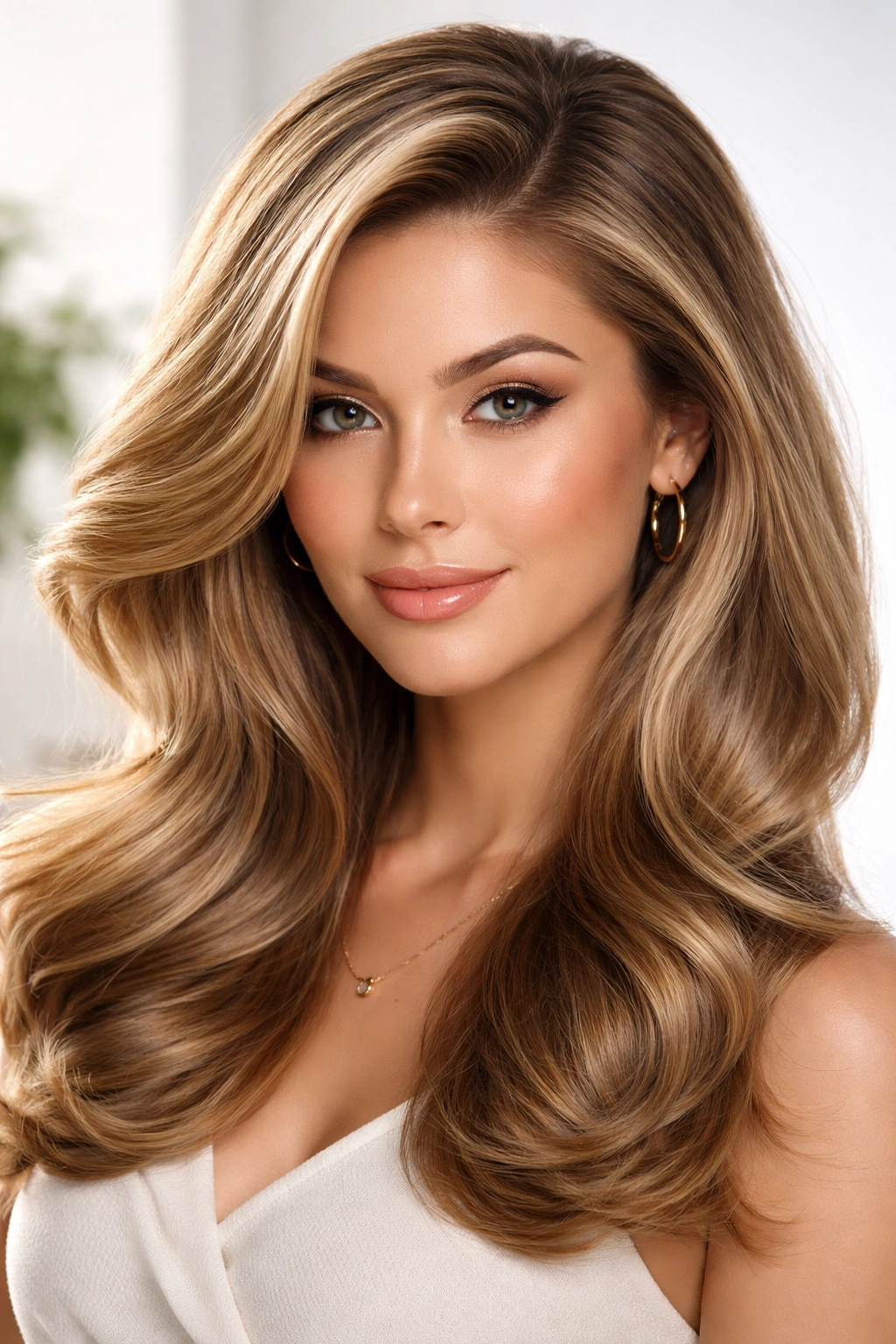 Portrait of a side-part blowout with high-volume roots and glossy finish.