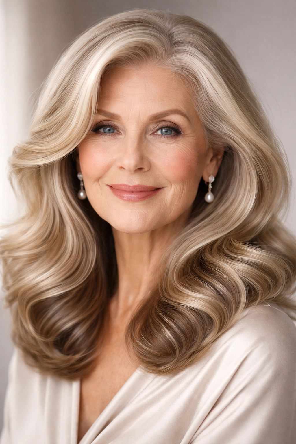 Close-up of a woman with glossy blowout waves in studio lighting