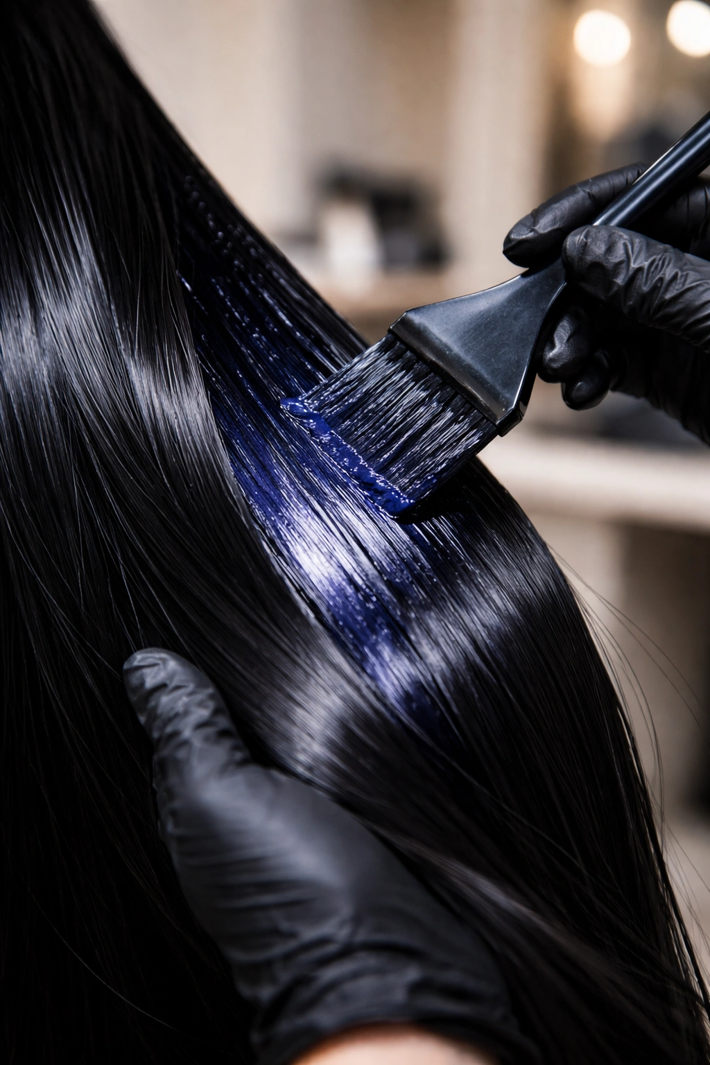 Close-up of hair strand with blue-black dye being applied in a salon