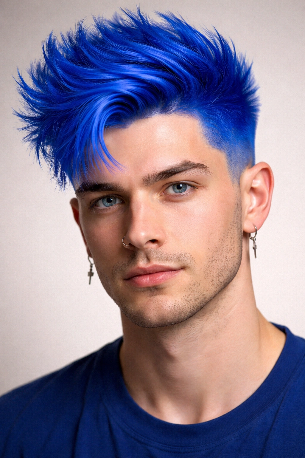 Close-up portrait of full-head electric cobalt blue hair from roots to tips