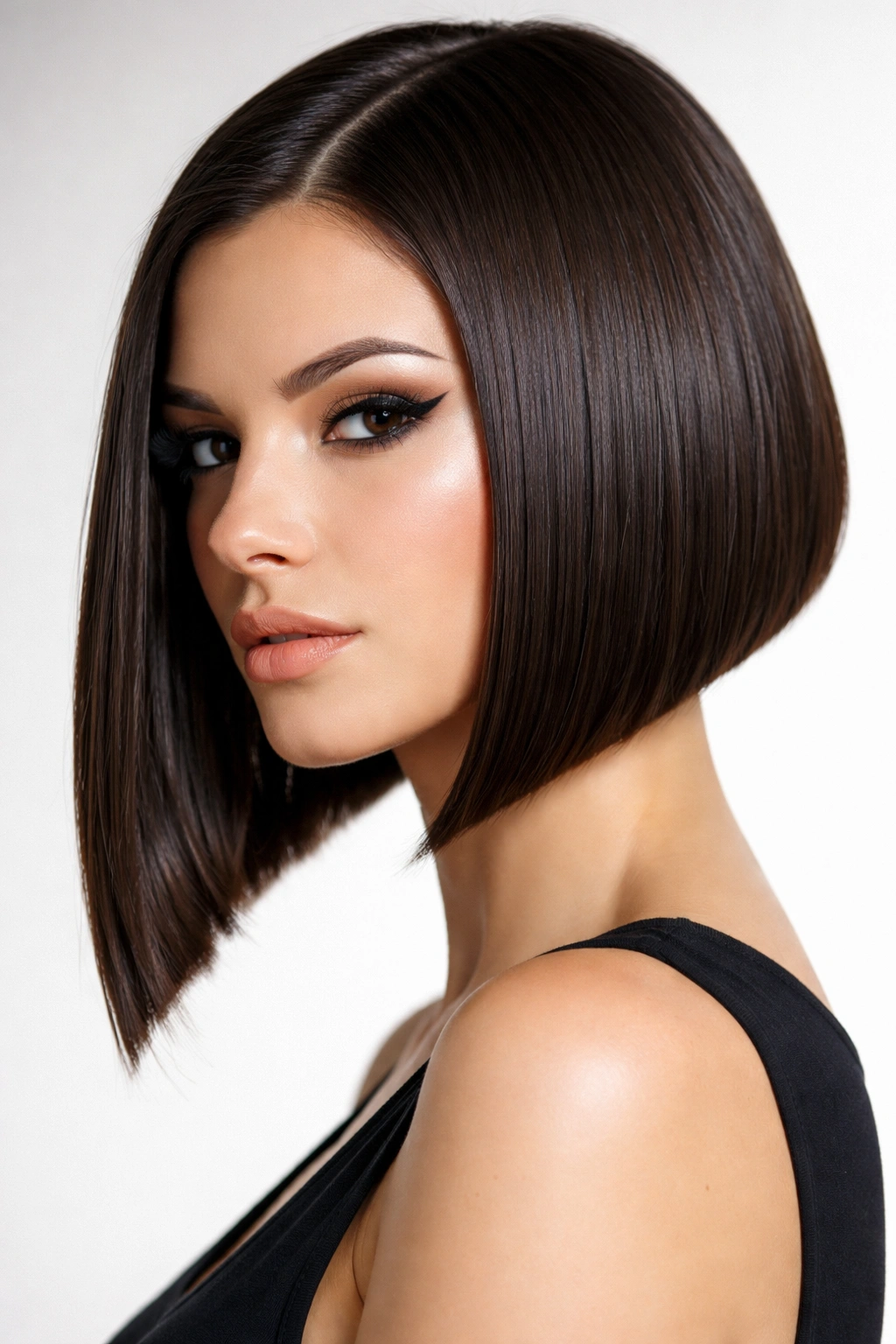 Close-up of blunt angled bob with crisp front and back lines and sharp angle