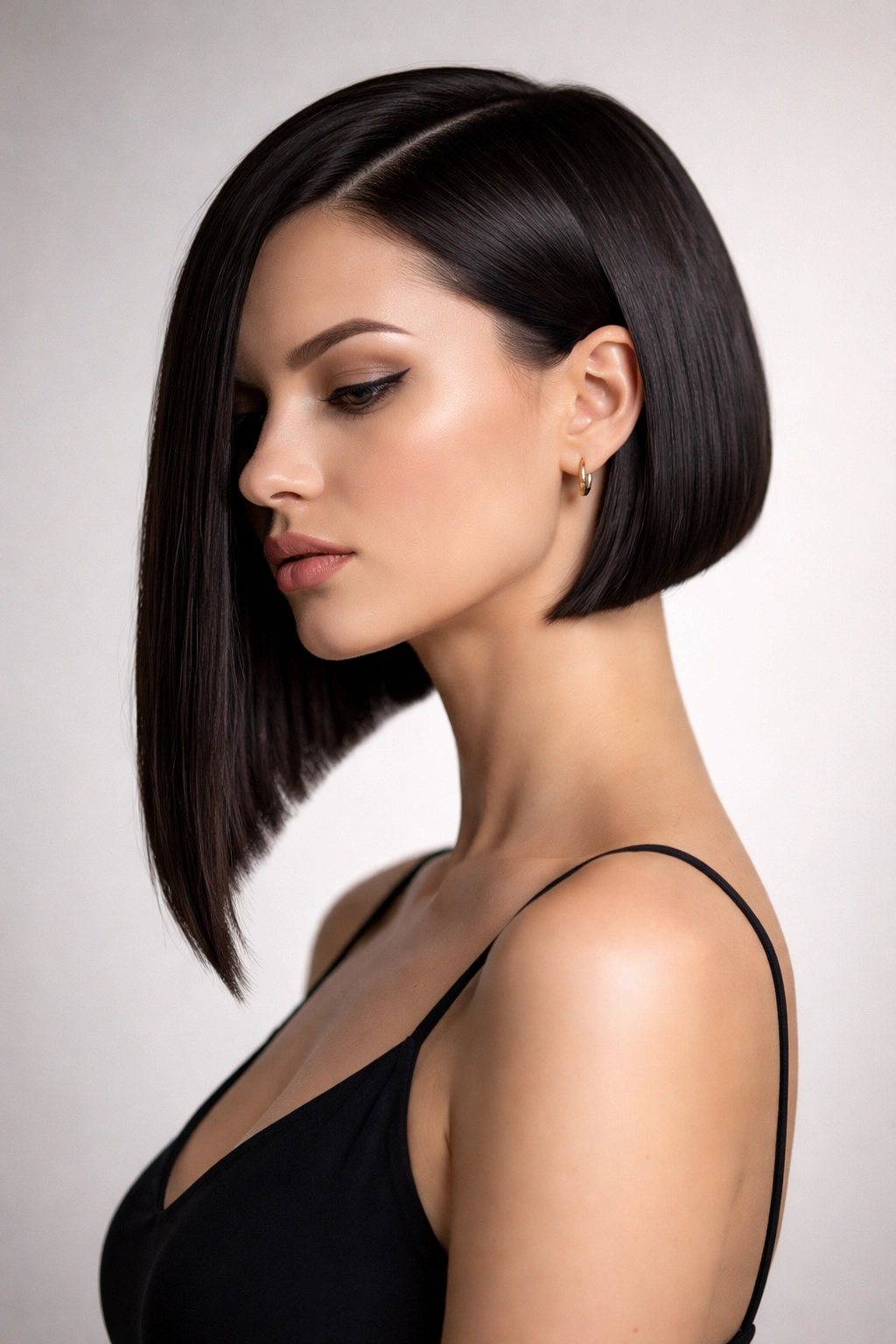 Close-up portrait of a person with a blunt graphic asymmetrical bob showing sharp lines