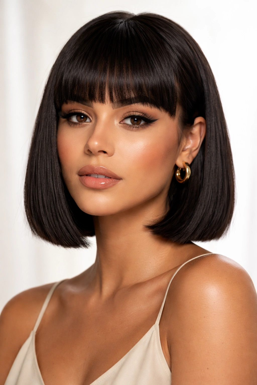 Latina woman with blunt baby bob and bangs hairstyle