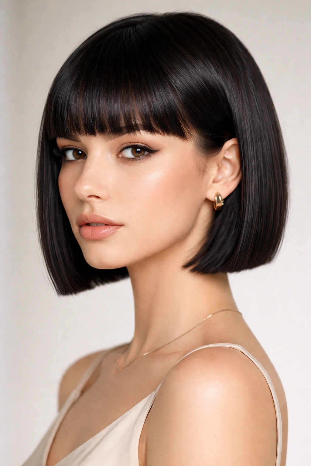 Model with a blunt baby cut showing crisp, defined hair ends