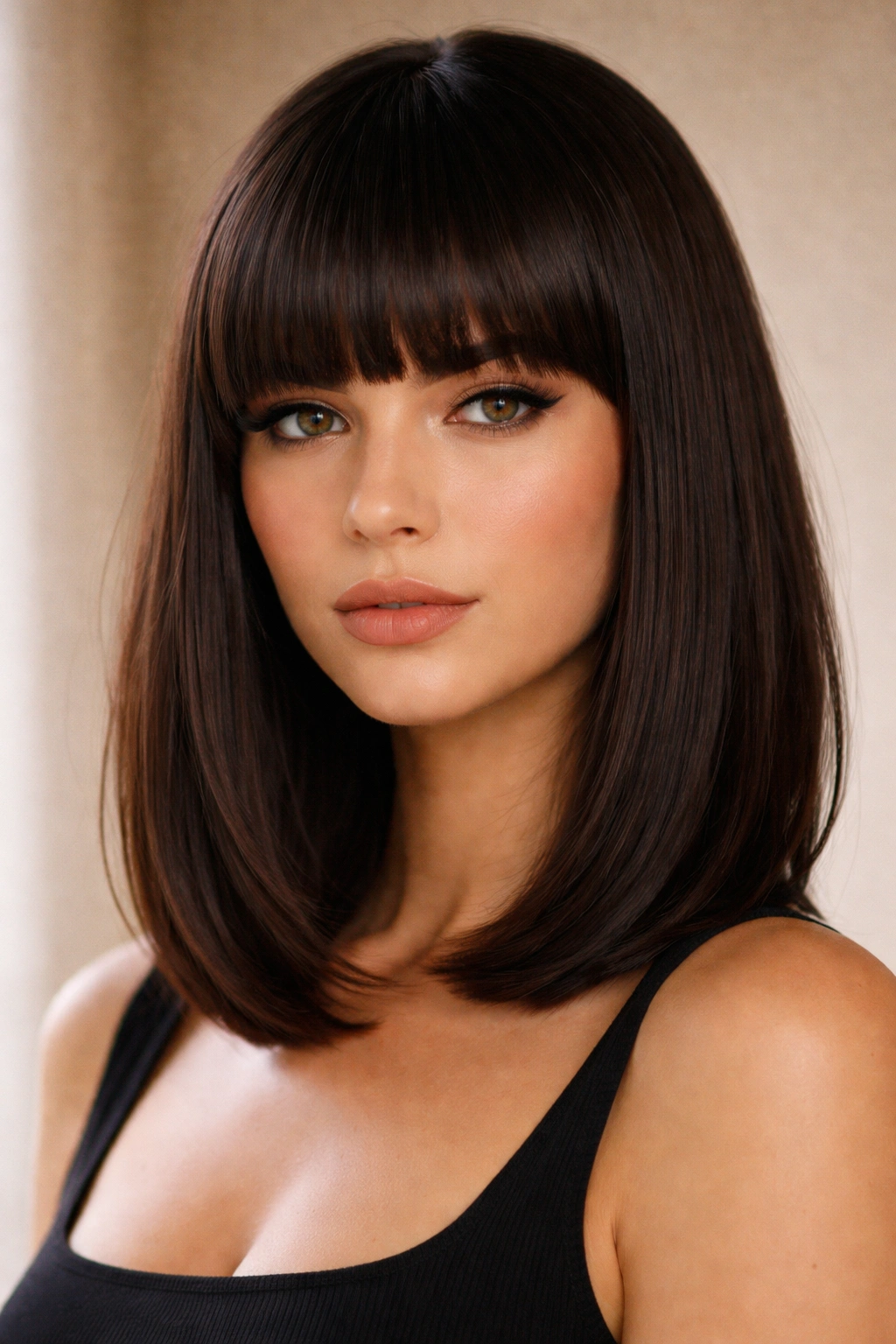 18 Shoulder Length Cuts That Flatter Everyone 3 Portrait of a blunt-banged lob with straight-across bangs.