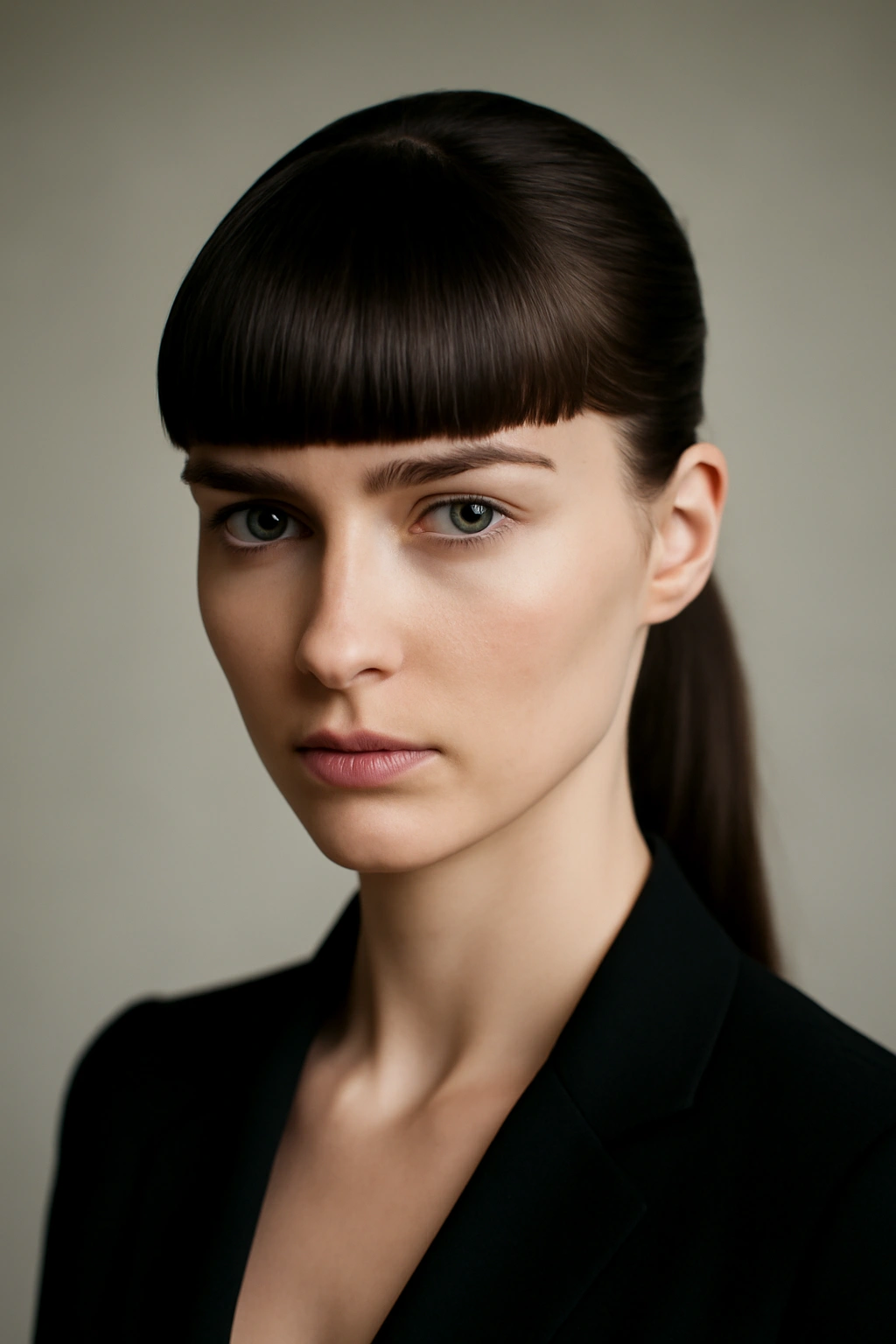 15 Formal Hairstyle Ideas Sorted by Hair Length 5 Front view of blunt bangs with a sleek back hairstyle