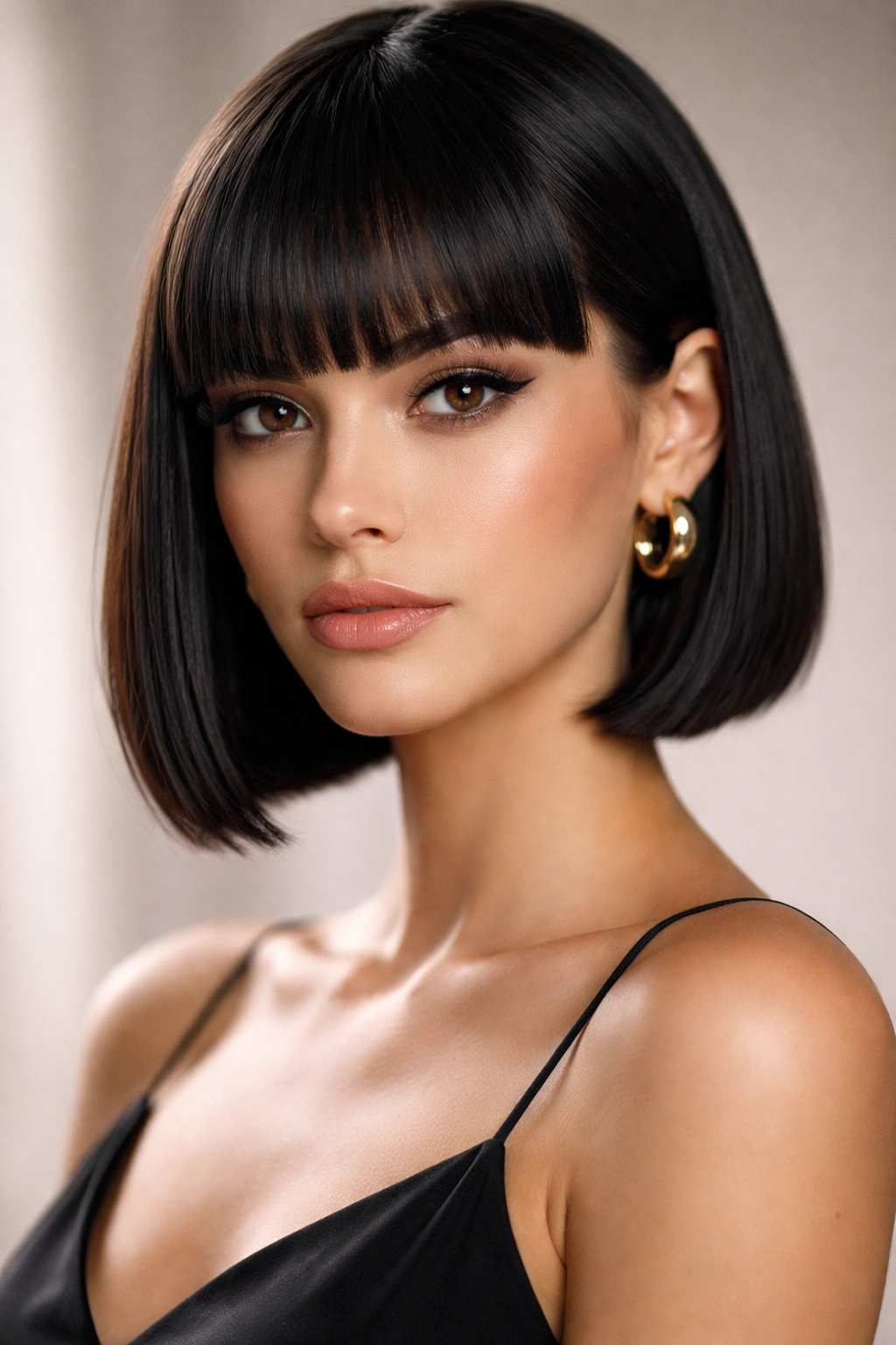 Close-up portrait of blunt bangs and a chin-length bob showcasing sharp, geometric hair lines.