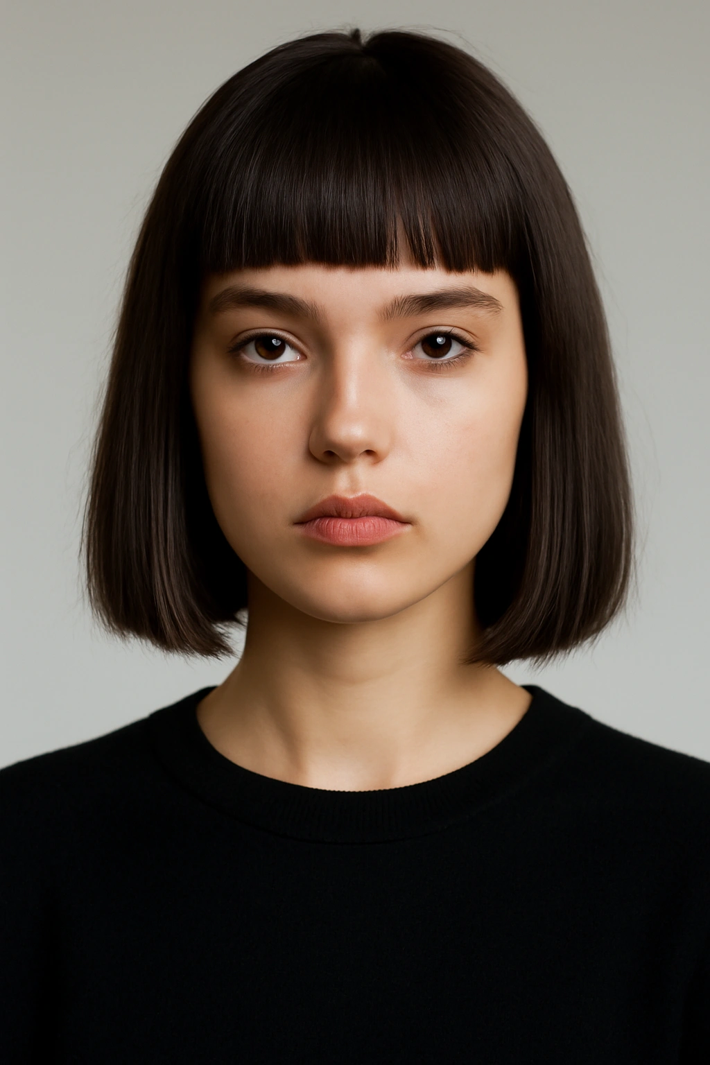 Front-facing portrait of blunt bangs with straight bob