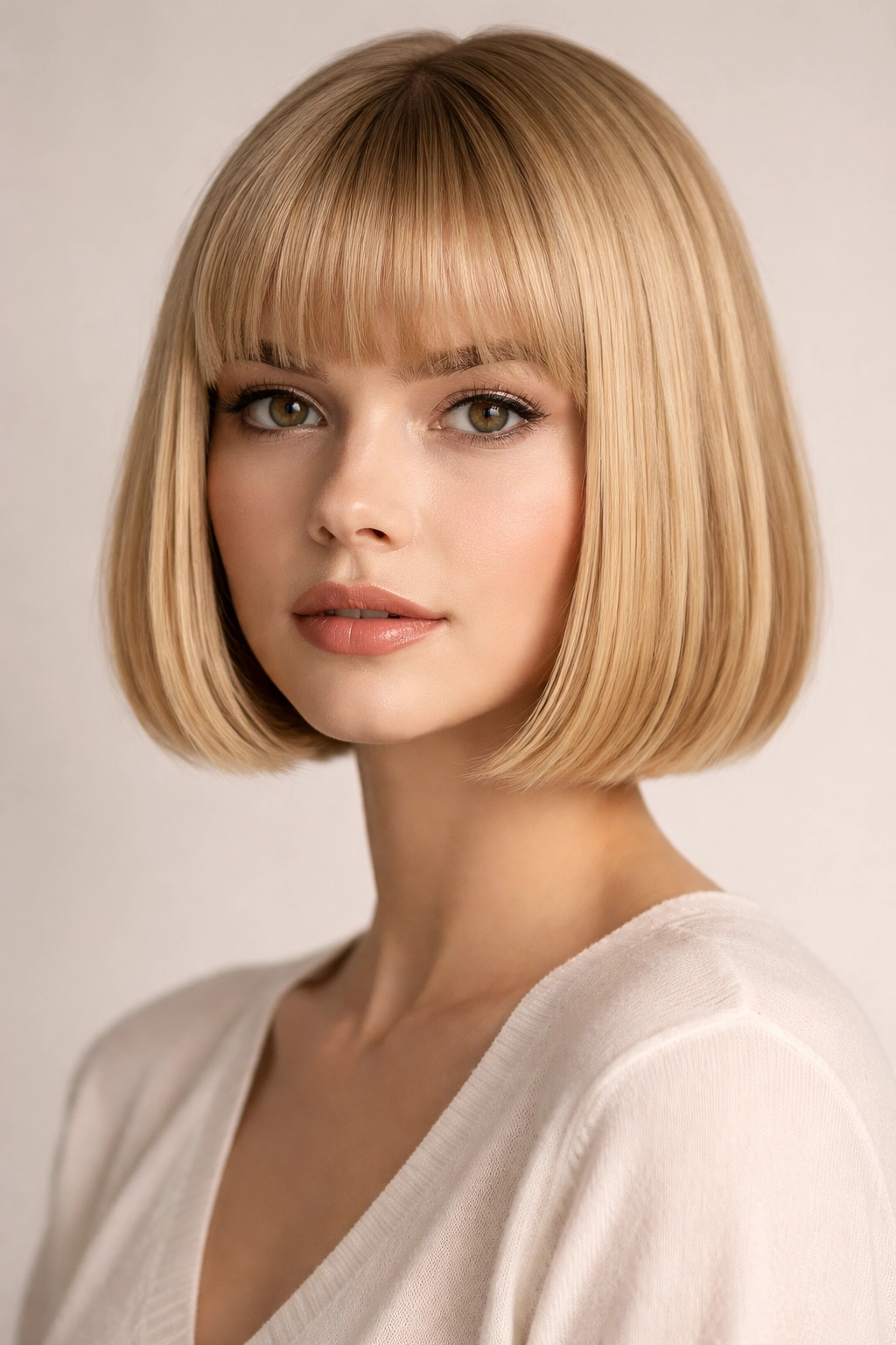 Close-up of a blonde model with a chin-length blunt bob and straight bangs showcasing sharp geometric lines.