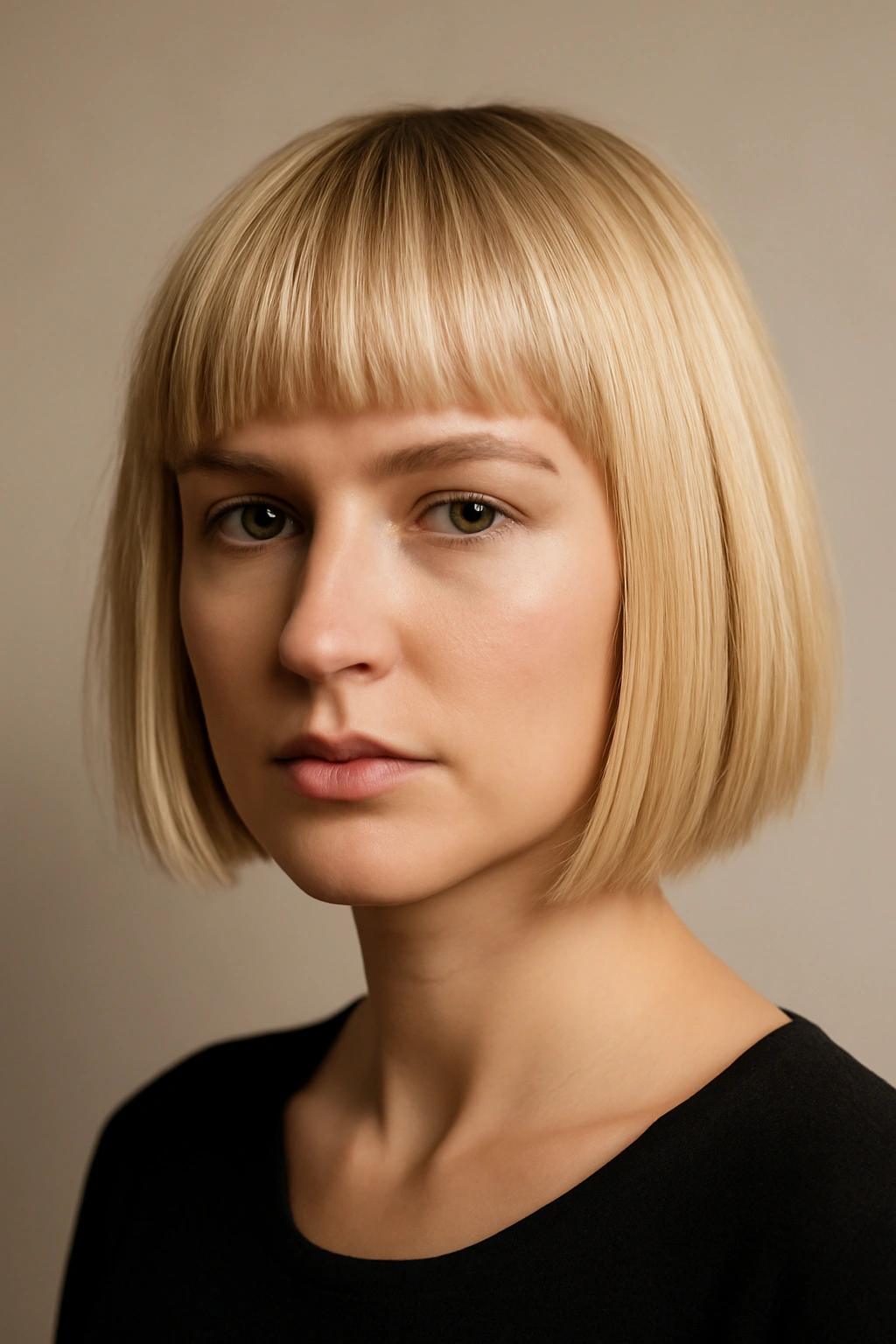 15 Short Blonde Haircuts to Bring to Your Next Appointment 8 Close-up of blunt bangs short bob on platinum blonde with crisp straight fringe