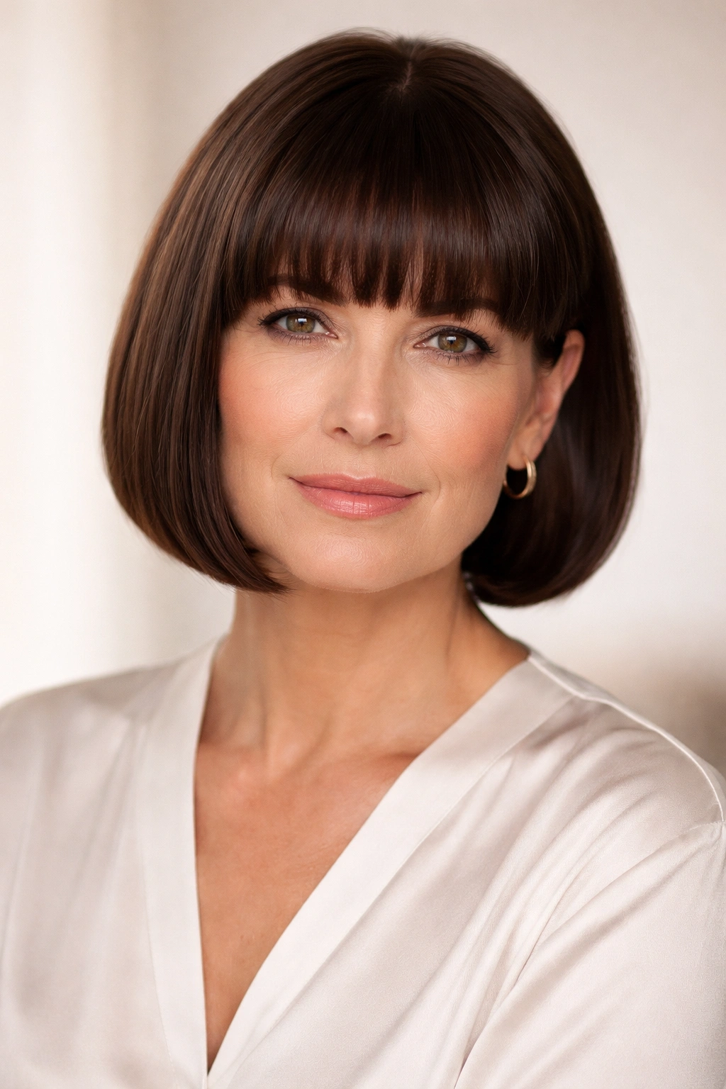 20 Short Bob Hairstyles That Shine After 40 15 Frontal view of a blunt bangs bob highlighting sharp edges just above the eyebrows