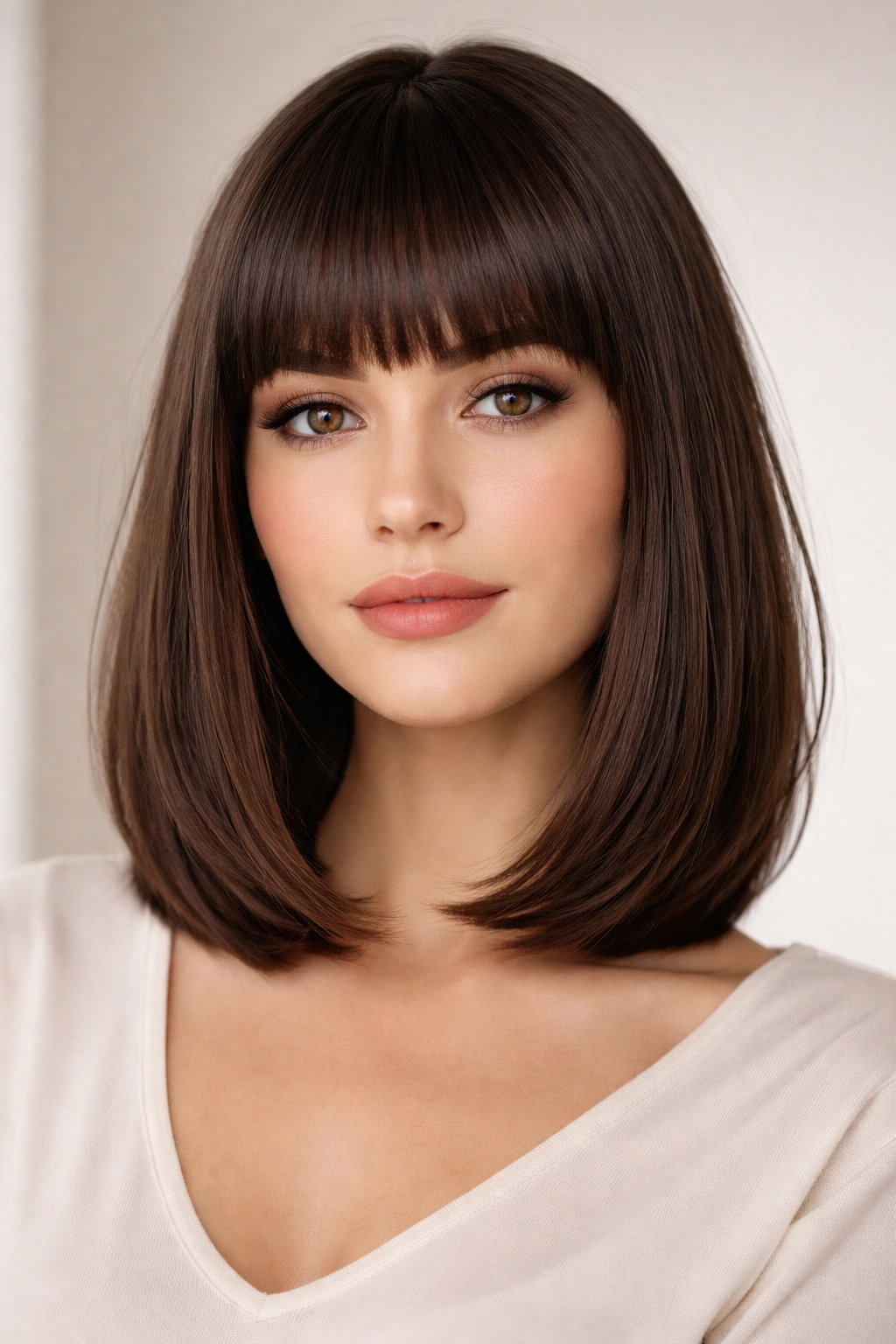 Close-up portrait of a woman with blunt bangs and a shoulder-length bob, studio lighting