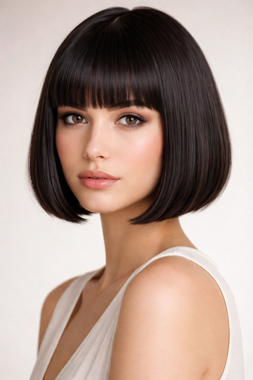 Close-up of a chin-length bob with thick blunt bangs framing the eyes