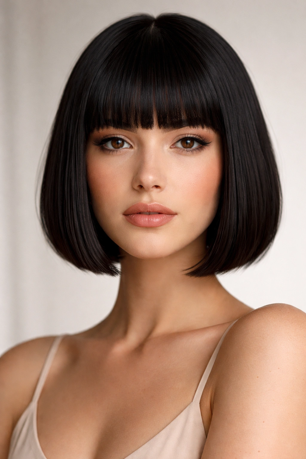 22 Bob Haircuts Flattering On Every Face Shape 5 Portrait of a model with blunt bangs bob and crisp fringe.