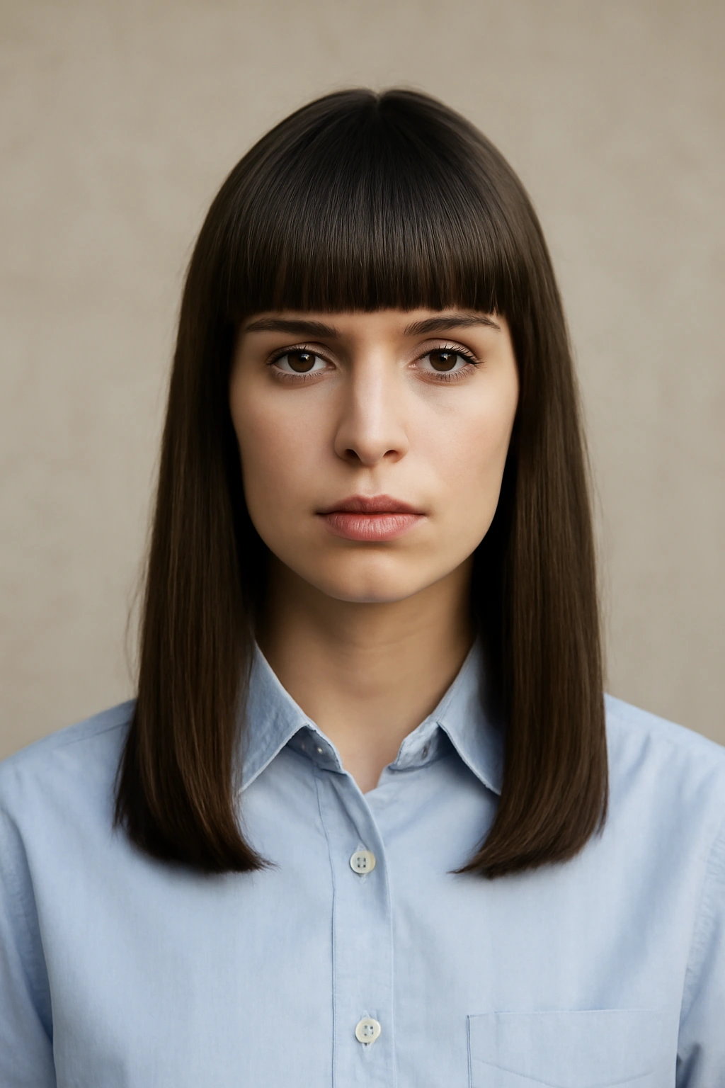 10 Hairstyles That Go With A Button Down Shirt 5 Model with blunt bangs and straight hair in front-facing pose