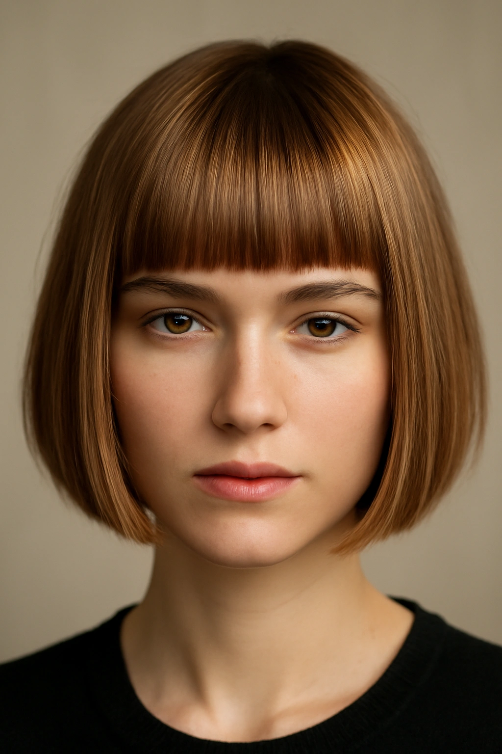 15 Short Haircut and Color Combos Worth Trying Together 4 Front view of blunt bangs with warm caramel color and straight fringe
