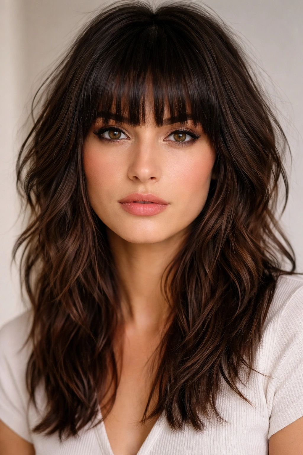 Face-framing blunt bangs with choppy textured layers