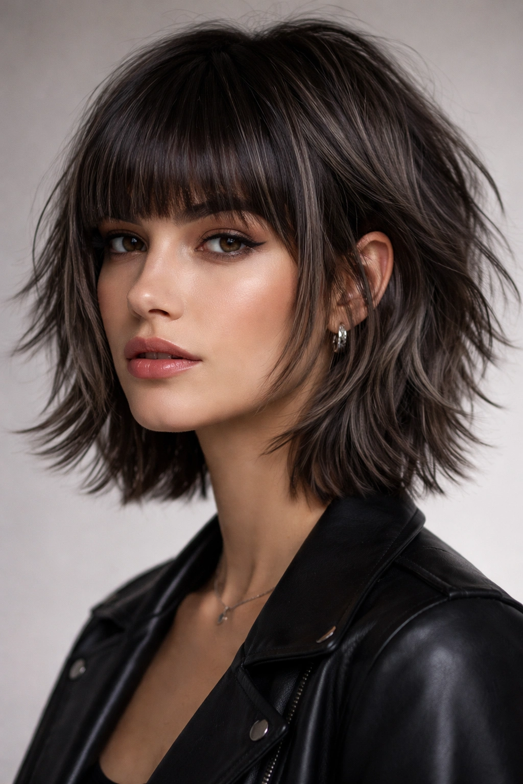 Blunt bangs with choppy layers and gray highlights