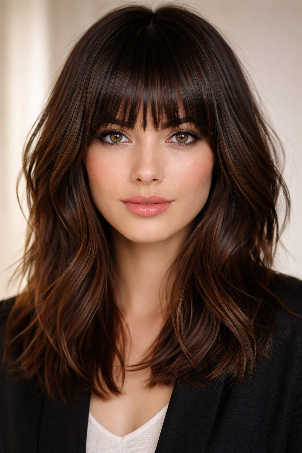 15 Bang Styles That Pair Well With Medium Hair 15 Front view of blunt bangs with hidden choppy interior layers catching light.