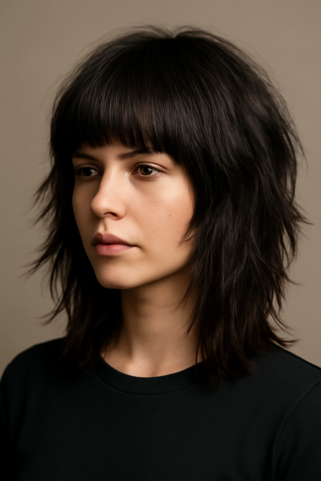 Medium-length hair with blunt bangs and choppy shag layers