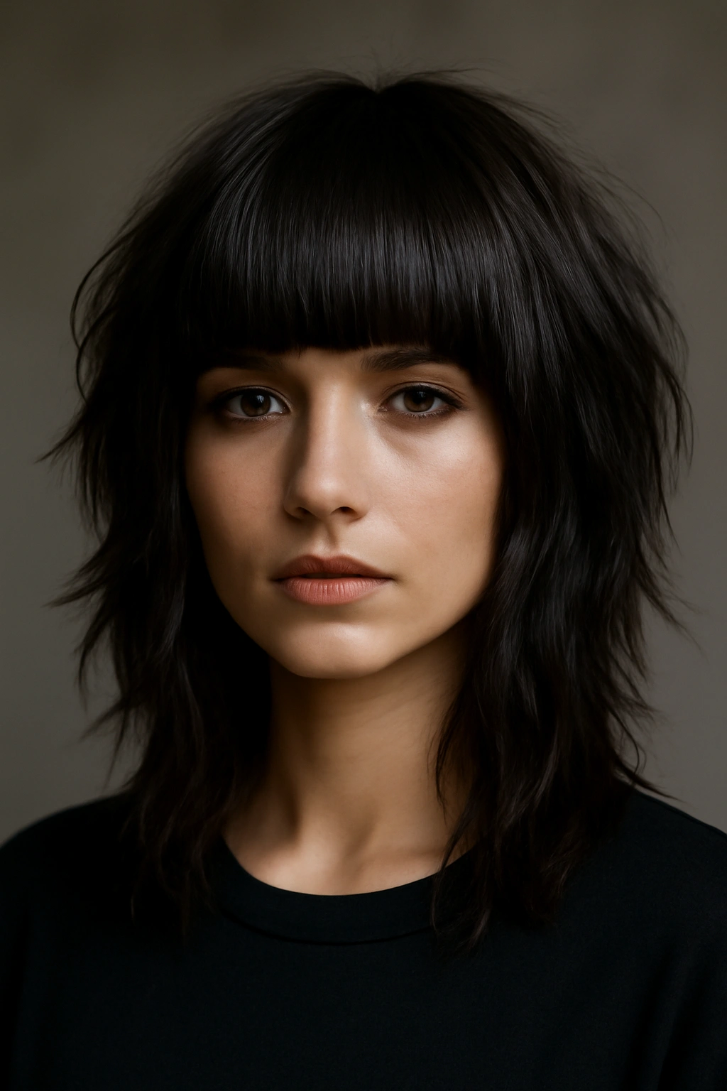 Blunt bangs with choppy shag layers on medium-length hair