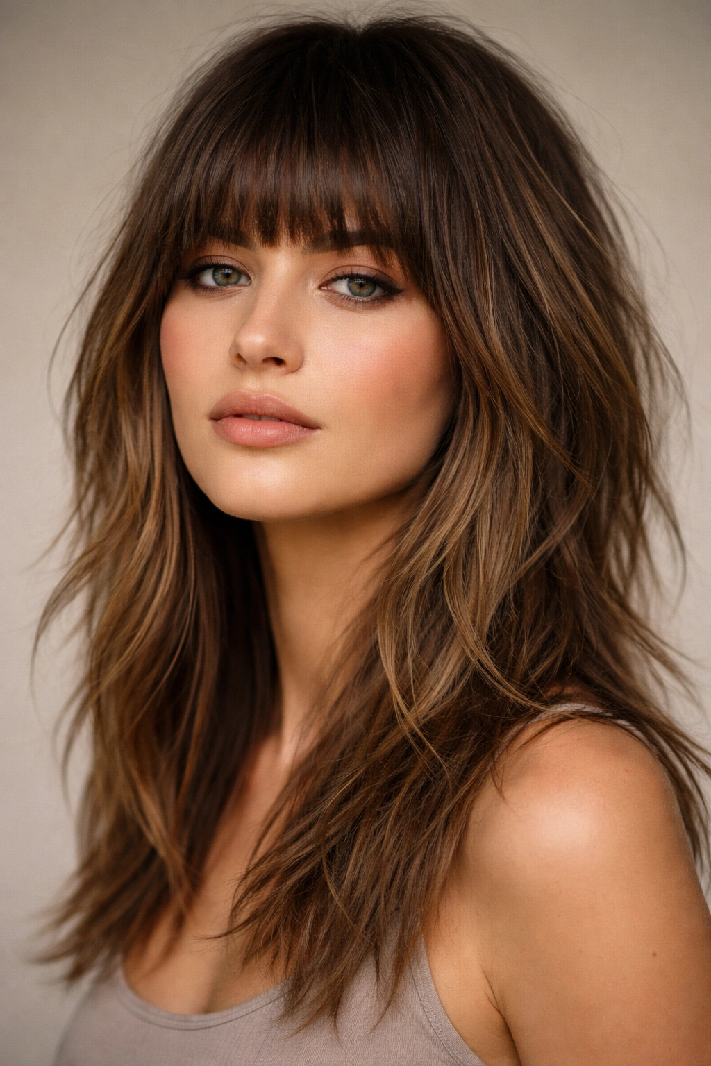 20 Medium Hairstyles With Bangs For Any Face 10 Blunt bangs with choppy textured layers showing sharp fringe and movement.