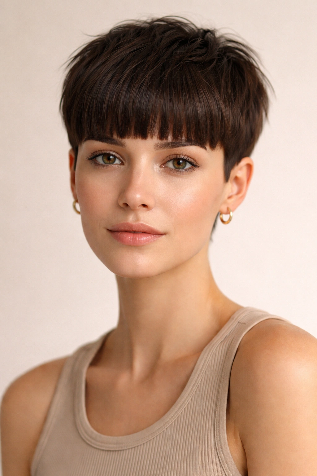 Portrait of a person with blunt bangs crop and textured top.