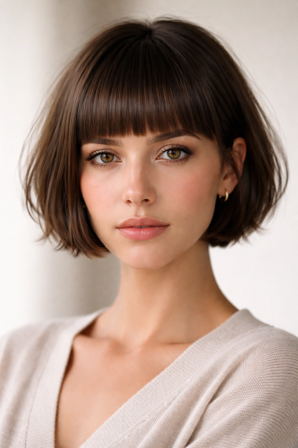 10 Short Haircuts That Grow Out Without Awkwardness 7 Close-up portrait showing blunt bangs crop with straight fringe and textured crown