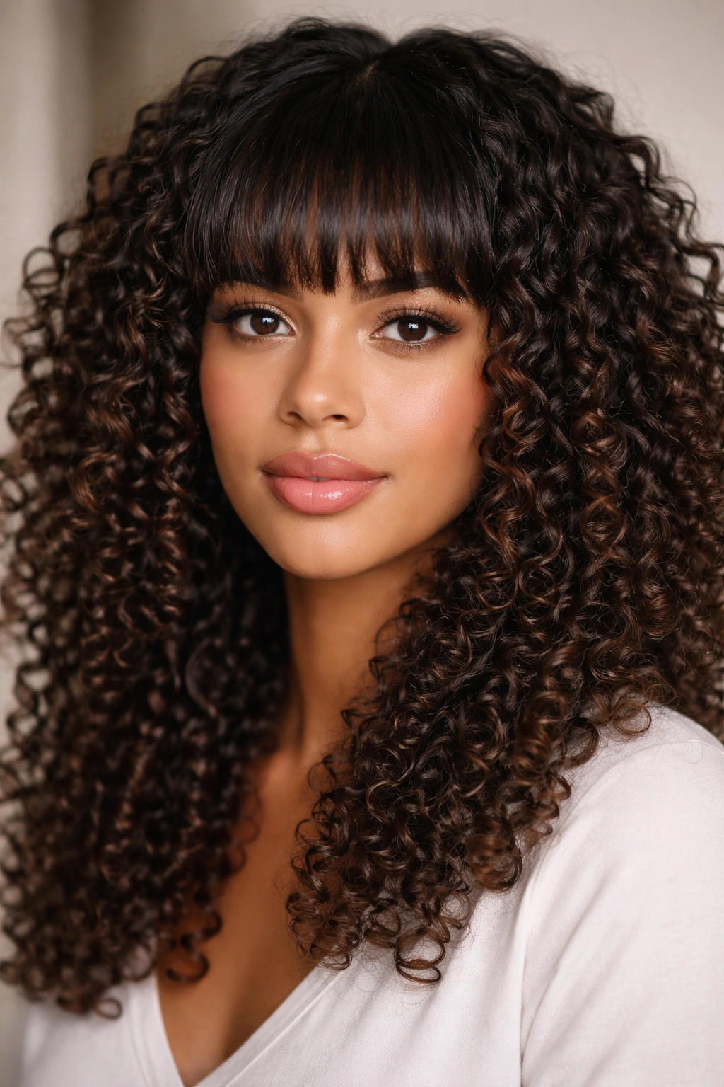 12 Curly Bang Haircuts For Every Type Of Curl 7 Close-up of blunt bangs on defined 3A–3C curls.