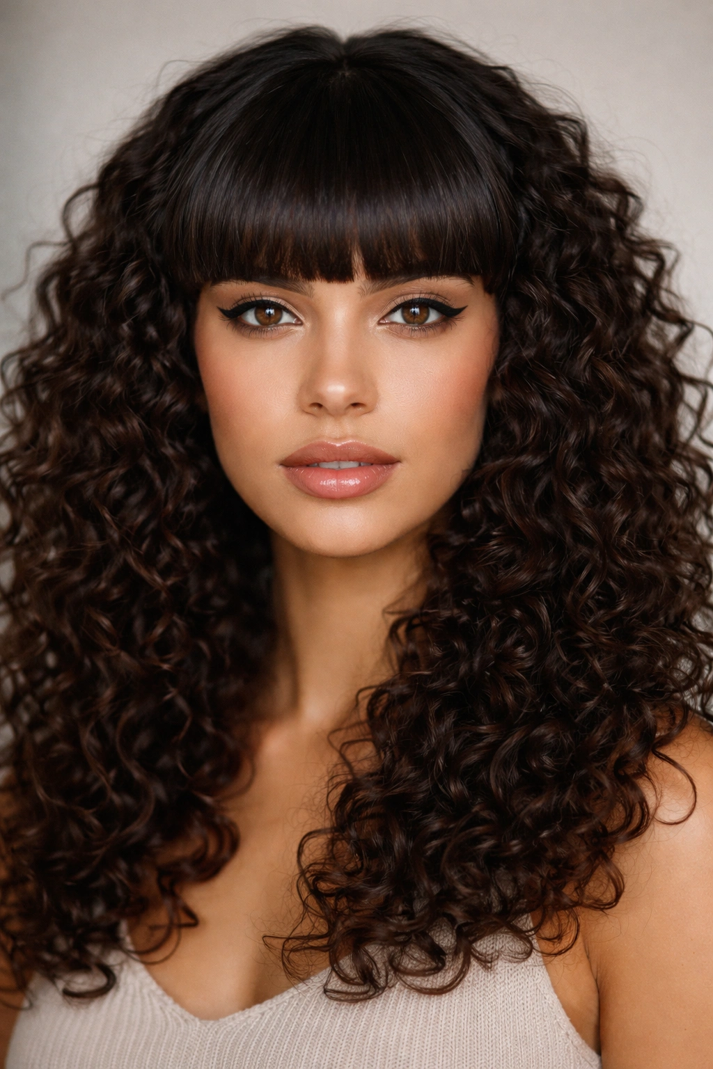 Close-up of straight-across blunt bangs on curly hair