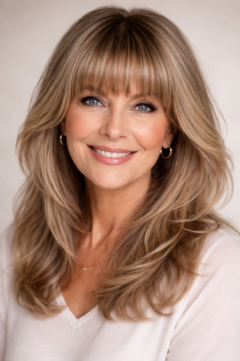 Blunt bangs with feathered layers on medium-length hair