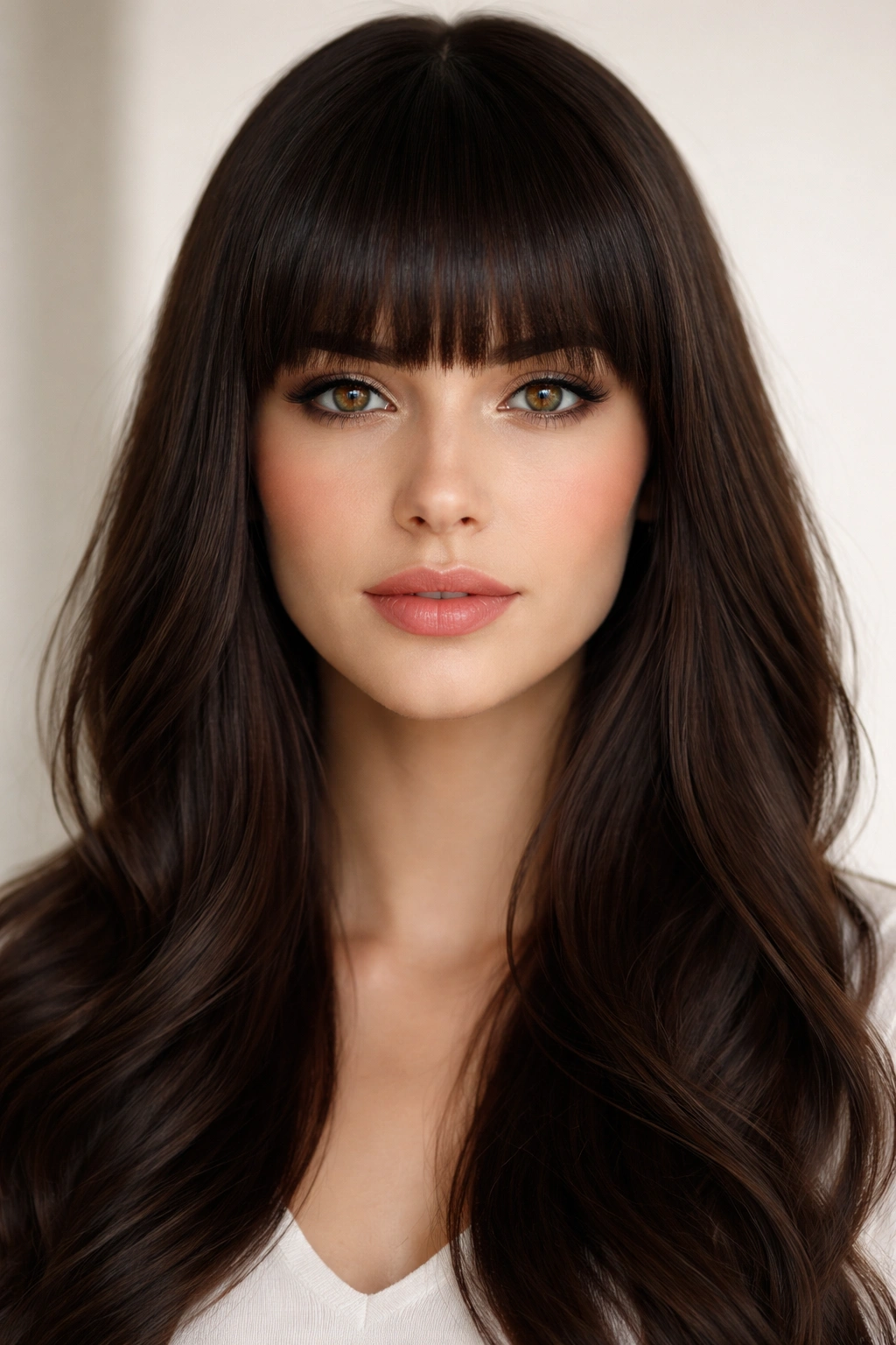 10 Hairstyles That Visually Shorten A Long Face 5 Face with full blunt bangs covering the forehead