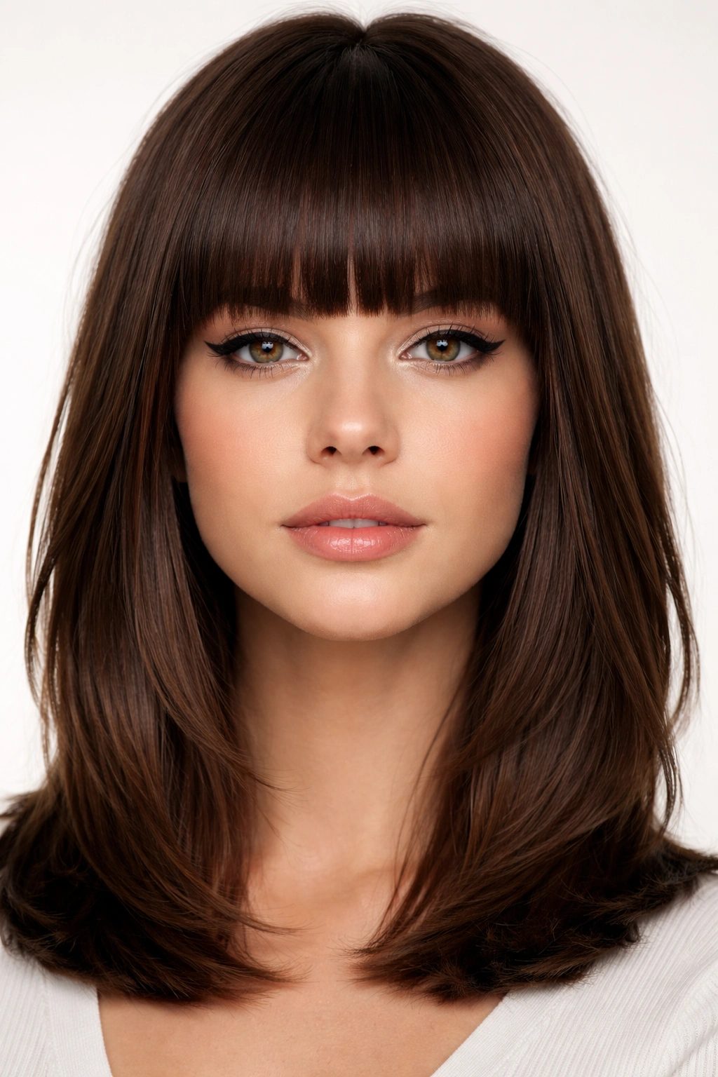 Front view of person with thick blunt bangs across forehead.