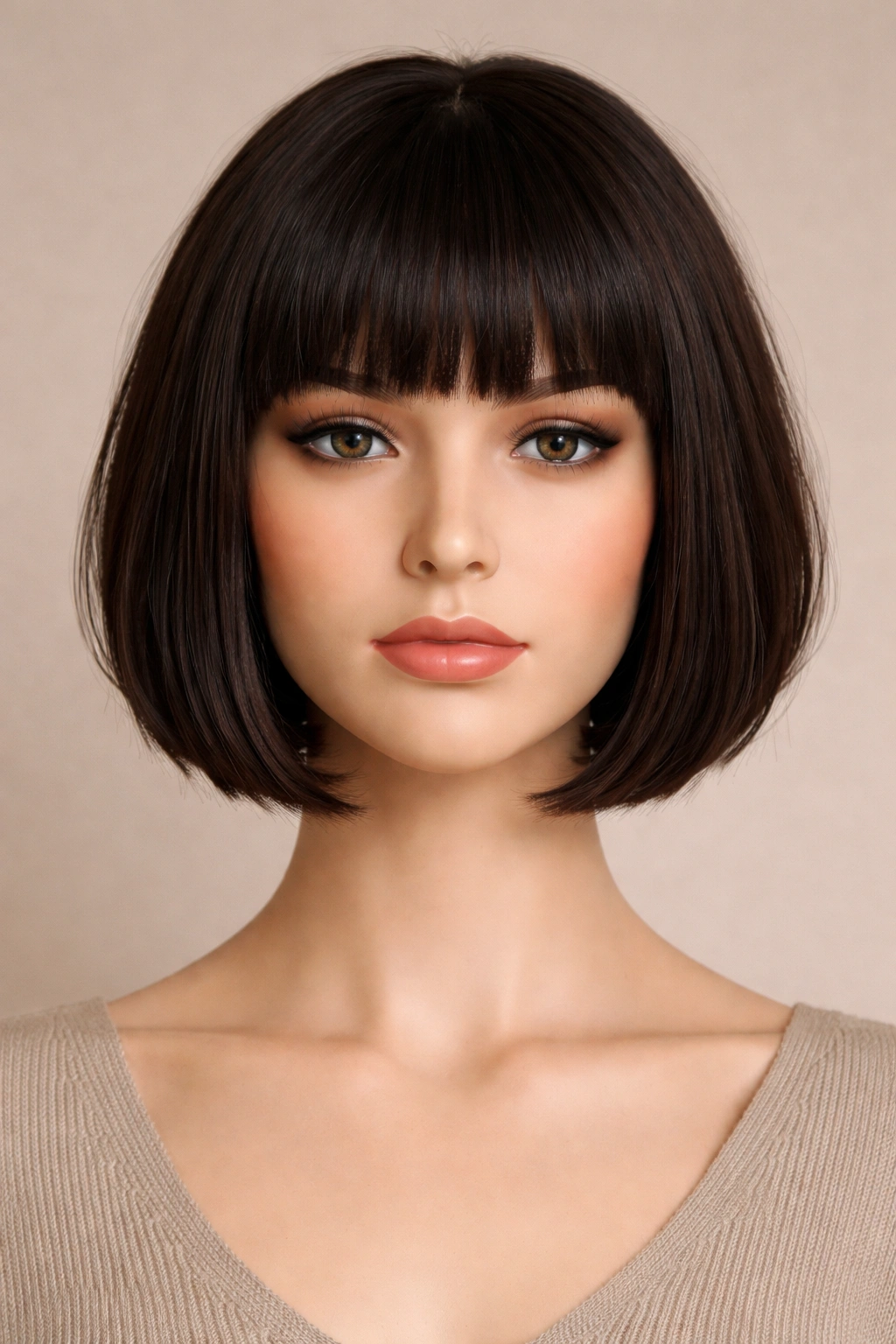 15 Short Haircuts That Balance Out A Longer Face 6 Mannequin head with blunt bangs and a short haircut, bangs across the forehead.