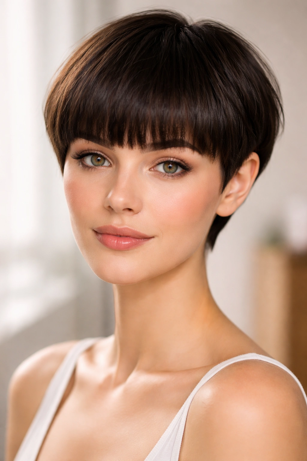 Heart-shaped face with blunt bangs and short crop.