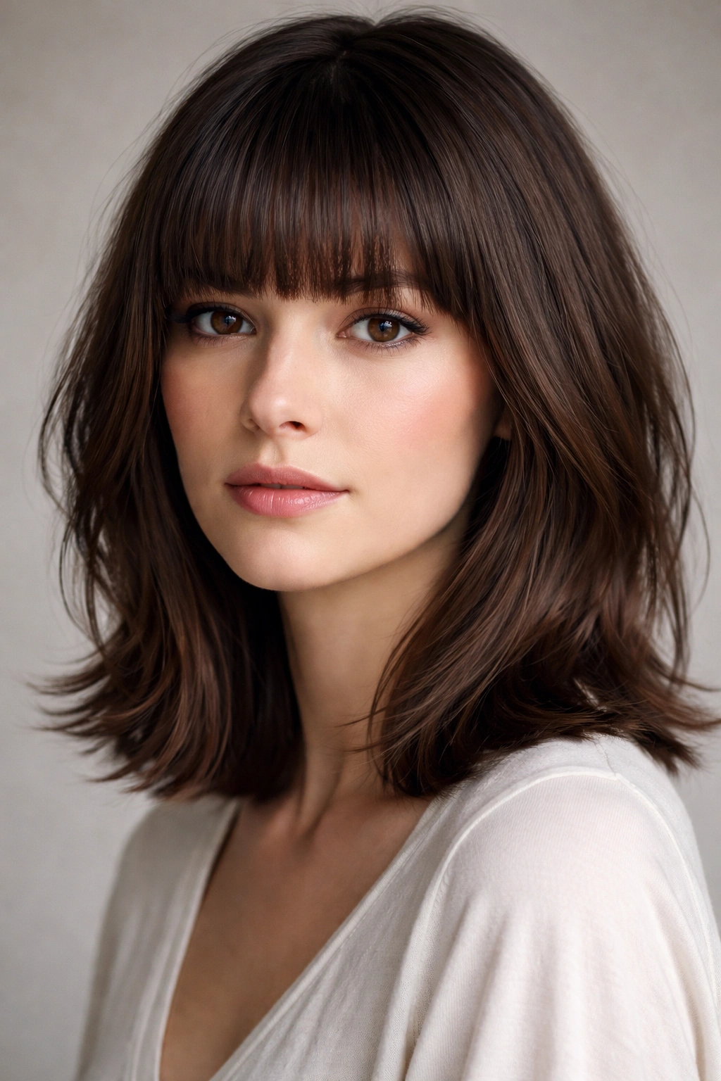 12 Hairstyles With Bangs That Suit Long Faces 1 Close-up of blunt bangs with layered shoulder-length bob showing crisp horizontal line and texture