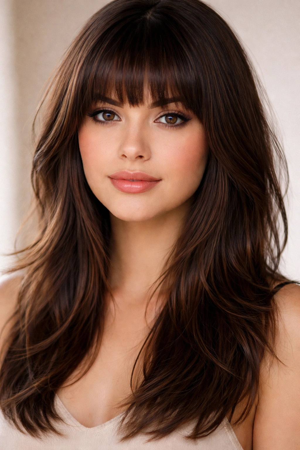 Blunt bangs with layered hair showing curved ends
