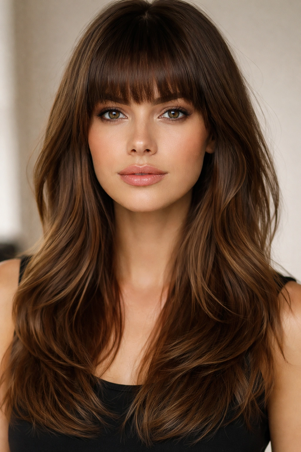 20 Long Face Hairstyles With And Without Bangs 6 Blunt bangs above eyebrows with layered mid-length hair framing the face