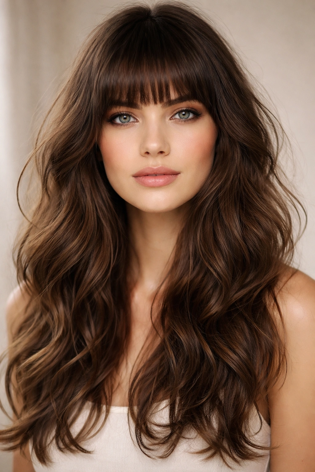 Naturally Wavy Hair 18 Haircuts That Work With It 9 Blunt bangs on textured wavy hair in a studio portrait