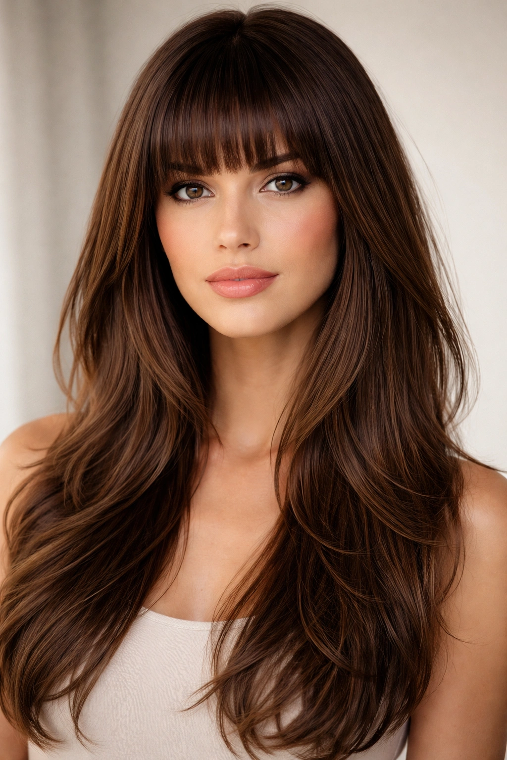 Hair with blunt bangs and long layers adding width to a longer face.