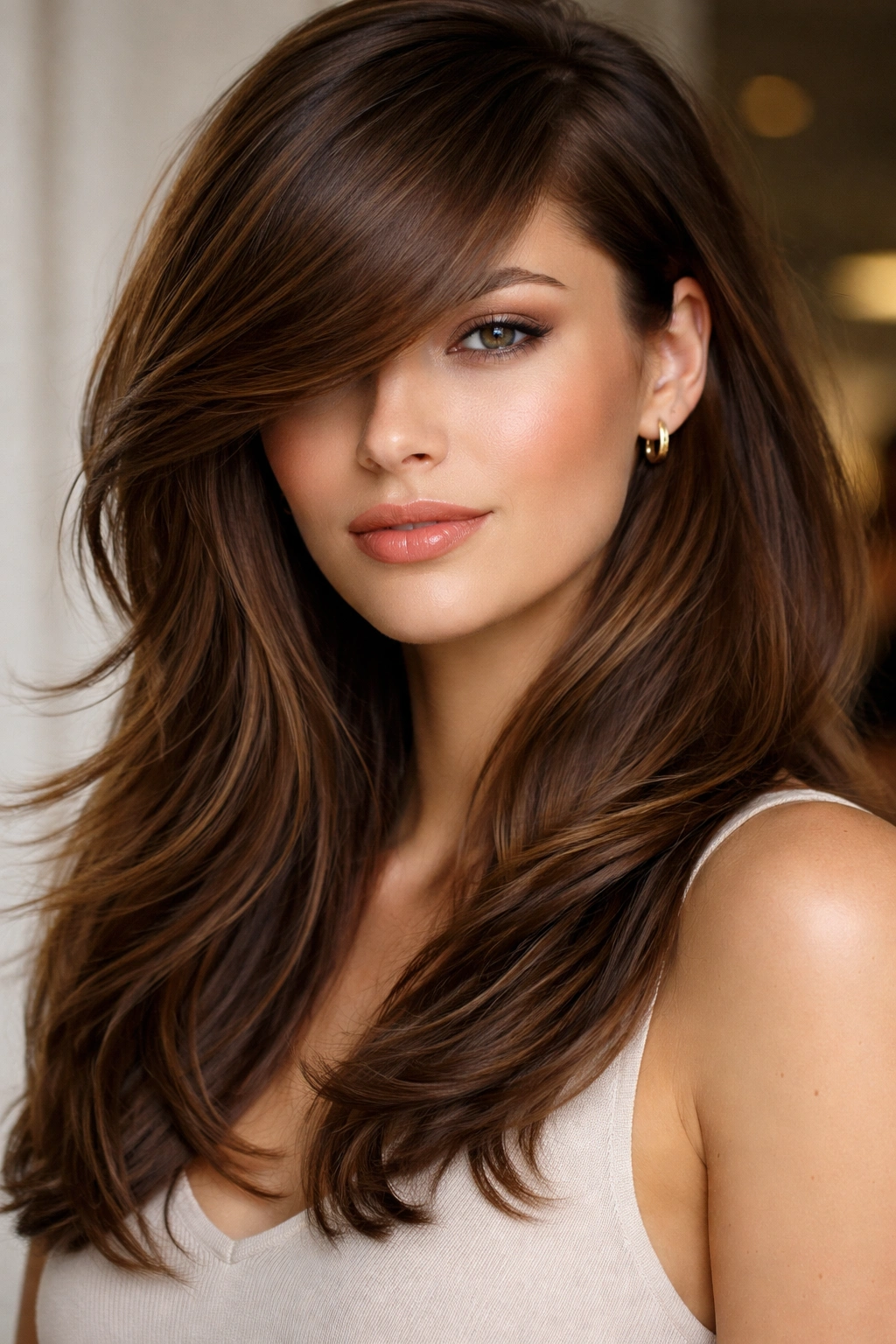 Close-up of blunt side-sweep bangs with layered hair for definition