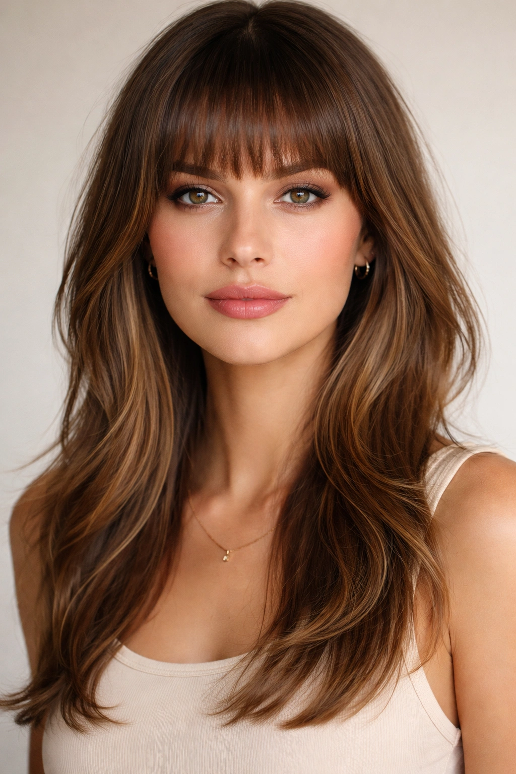 18 Hairstyles That Add Width To A Longer Face 1 Close-up portrait of blunt bangs with layered hair creating width for a longer face