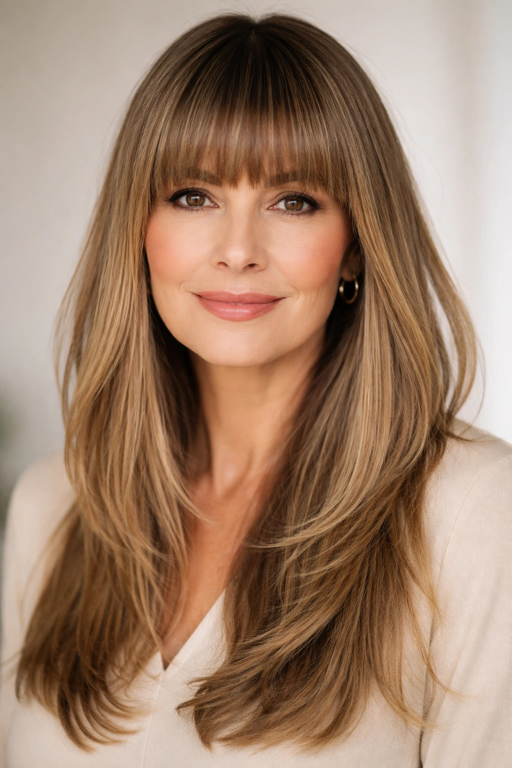 Straight-across blunt bangs with longer hair for a bold silhouette