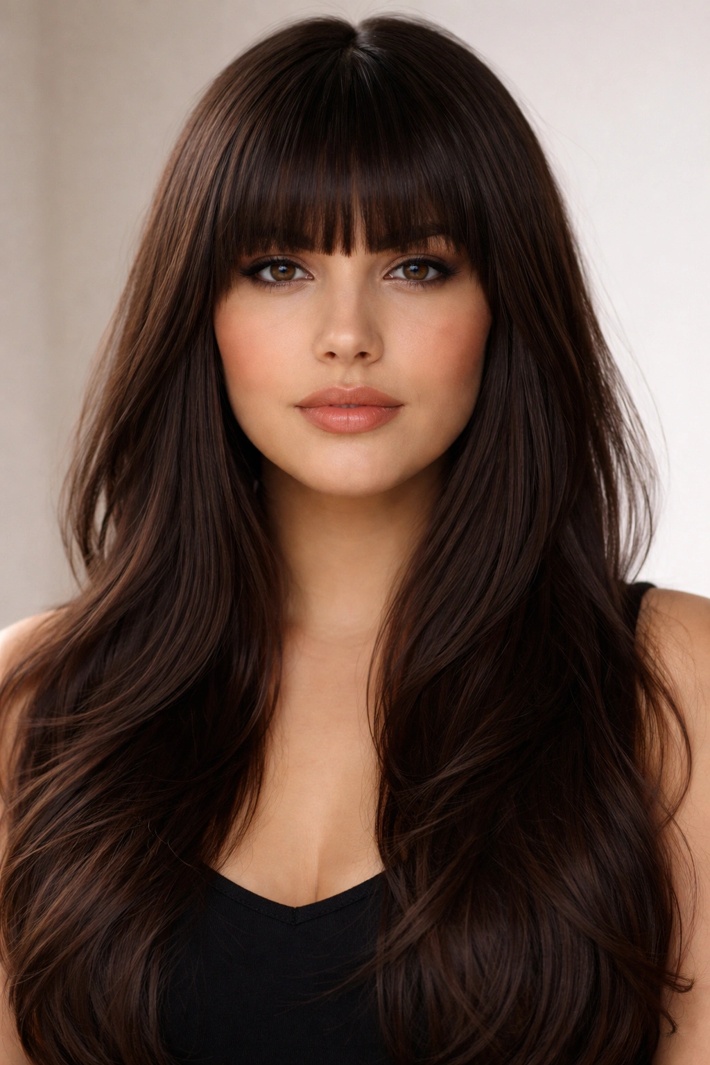 12 Haircuts For Round Faces And Double Chins 3 Close-up portrait of blunt bangs just above the eyebrows with long hair below