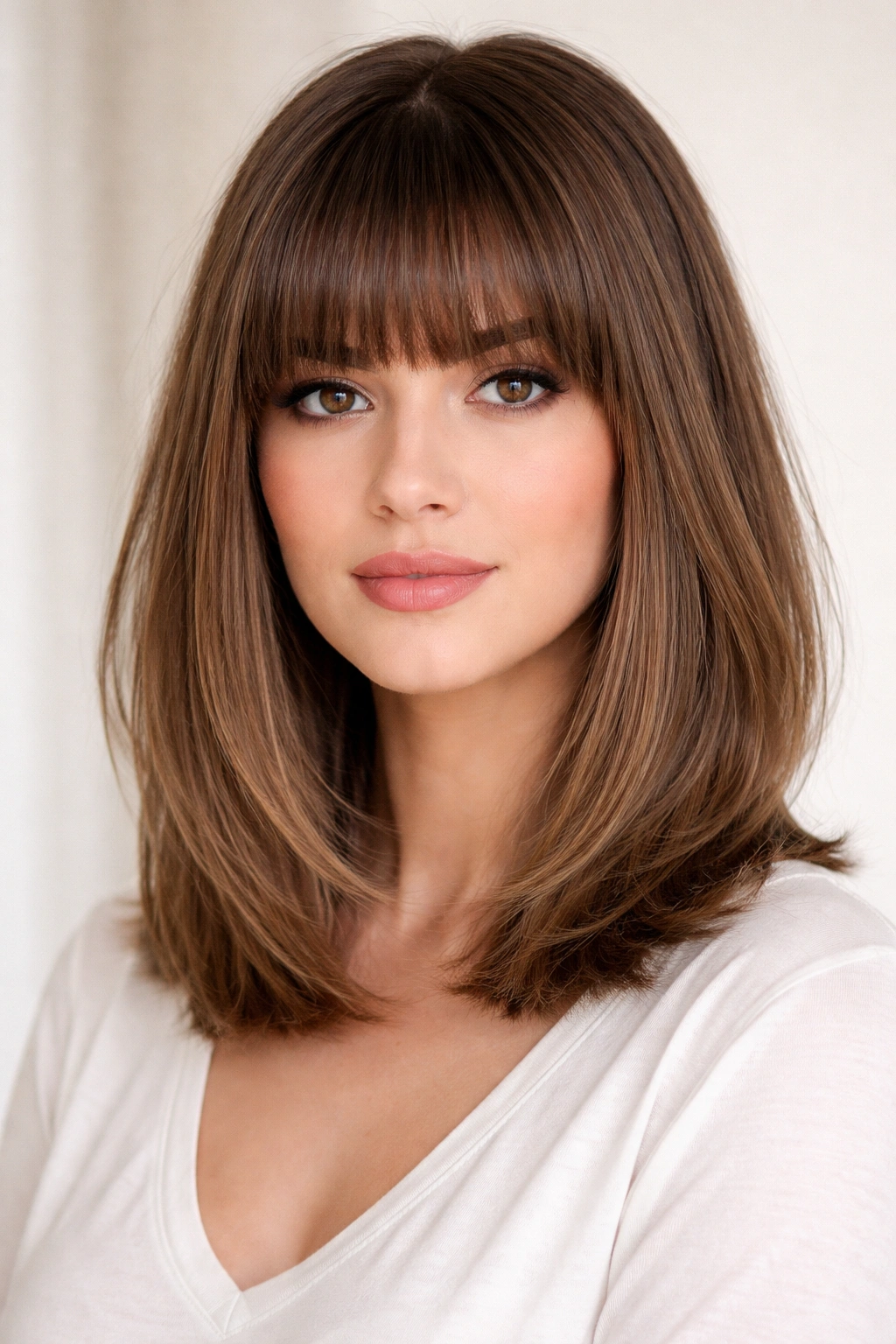 Shoulder-length lob with straight-across bangs on fine hair