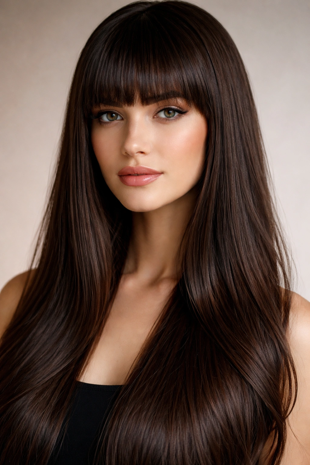 Close-up portrait of blunt bangs and long flowing hair