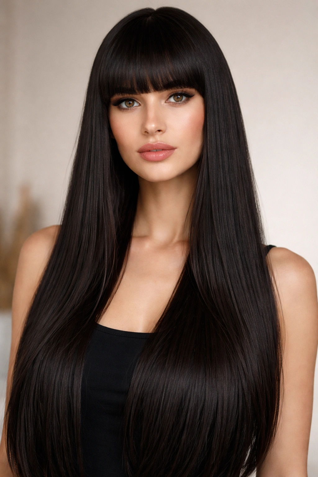Long straight hair with blunt bangs and sharp fringe