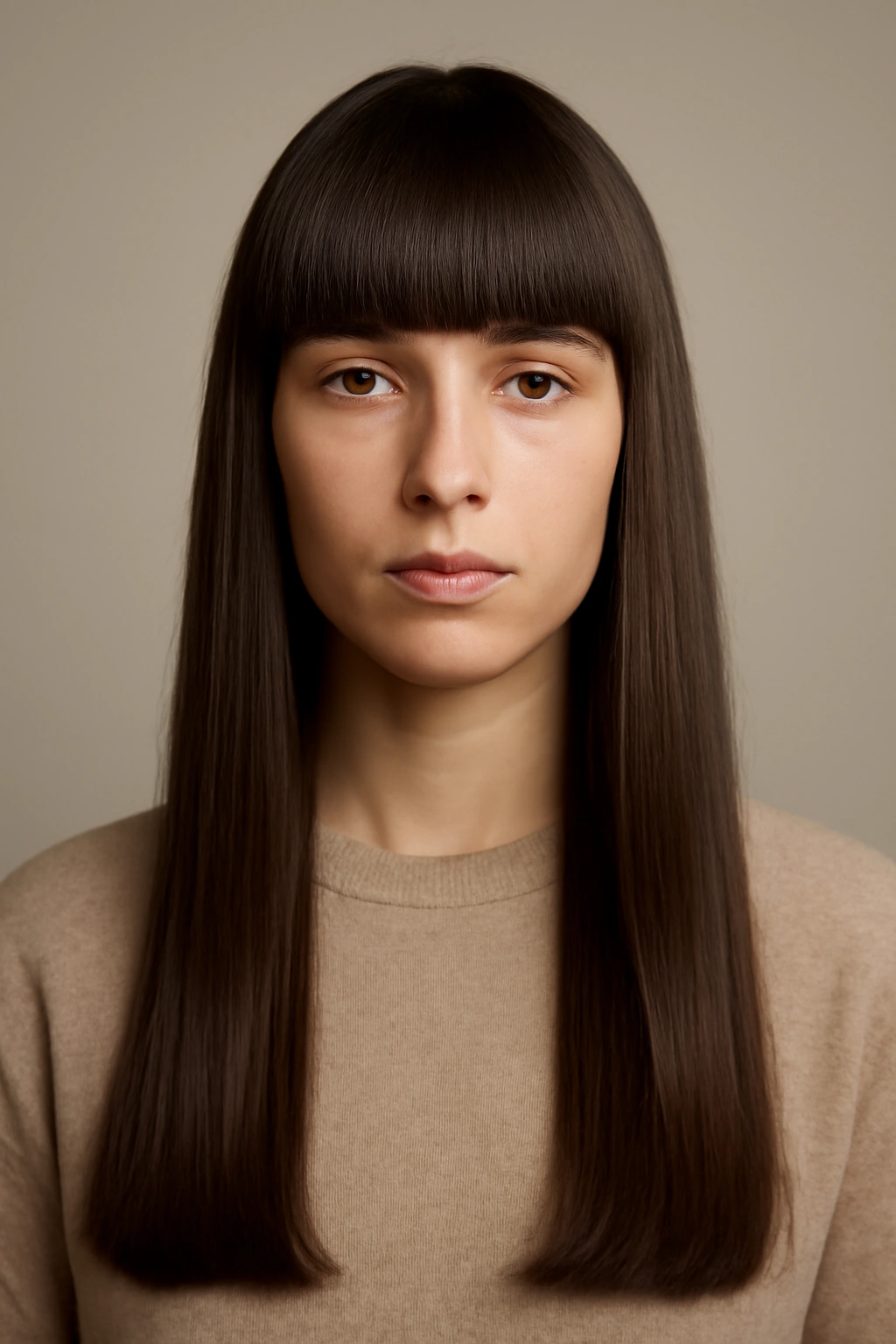 Front-facing portrait with blunt full bangs and straight long hair